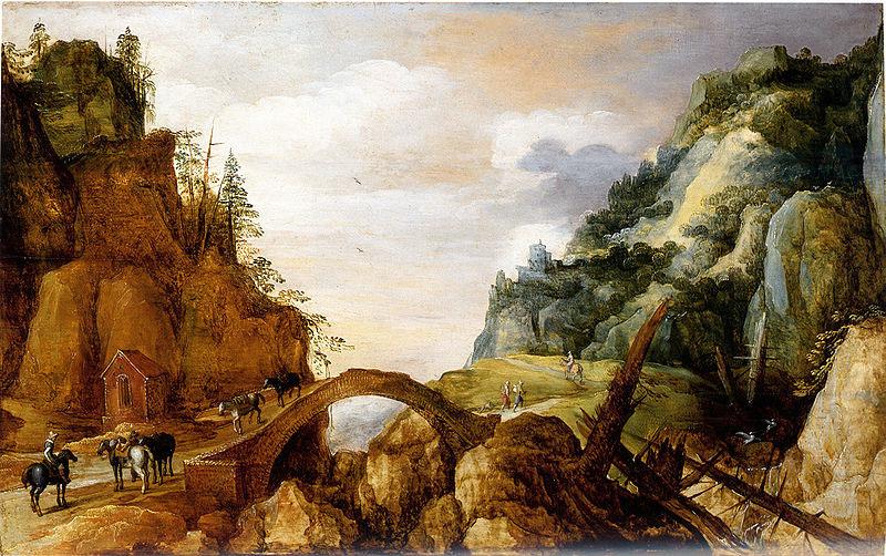 Joos de Momper mountainous landscape with horsemen and travellers crossing a bridge. china oil painting image
